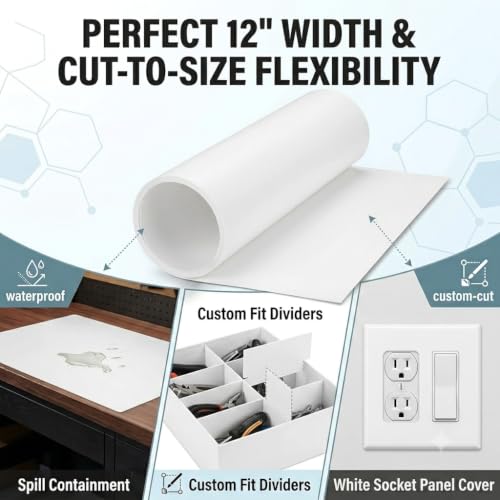 White Plastic Roll 12x96x0.04inch, Hard Polypropylene Flexible Plastic Sheet into Roll, Easy Cut to Size for DIY Craft Material, Custom Gasket, Furniture Cabinet Drawer Protection Liner, Heat Bendable - color: White
