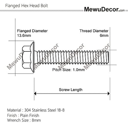 M6-1.0 x 35mm Flanged Hex Head Bolts Flange Hexagon Screws, Stainless Steel 18-8 (304), Plain Finish, 25 PCS - size: M6 x 35mm