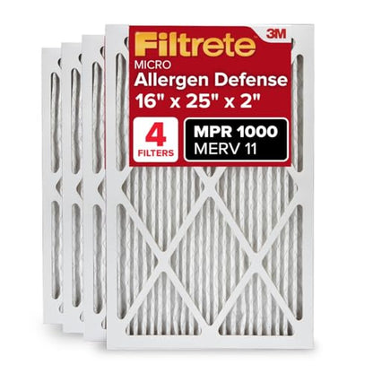 Filtrete 16x25x2 AC Furnace Air Filter, MERV 11, MPR 1000, Allergen Defense, 3-Month Pleated 2-Inch Electrostatic Air Cleaning Filter, 4 Pack (Actual Size 15.5 x 24.5 x 1.75 in) - size: 16x25x2
