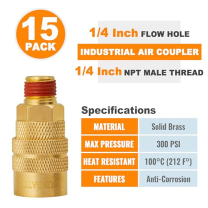 SUNGATOR 15-Pack Brass 1/4" Quick Connect Air Hose Coupler, MNPT Industrial - size: 1/4'' Male, style: 15 Pack