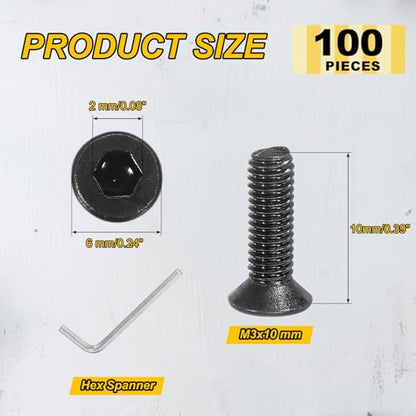 PATIKIL M3x10mm Flat Head Socket Cap Screws Carbon Steel Hex Spanner 100Pcs - size: M3x10 mm