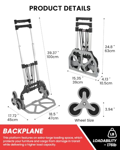 MAZING Stair Climbing Dolly, 176Lbs Capacity, Lightweight Foldable Hand Truck for Stairs, Portable Dolly Cart for Moving Boxes Up & Down Steps, Silver - size: 80kg