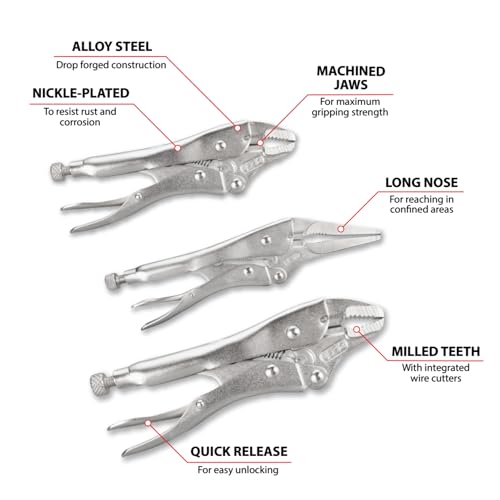 Performance Tool W1782 3-Piece Locking Pliers Set with Wire Cutters
