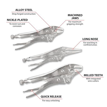 Performance Tool W1782 3-Piece Locking Pliers Set with Wire Cutters