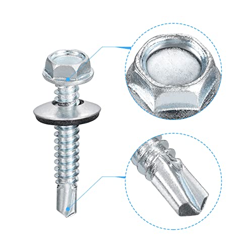 uxcell #14 x 1-1/2" Self Drilling Screws with Rubber Washer, 100pcs Zinc Plated Steel Roofing Screws Hex Head Self Tapping Screws with EPDM Washer for Metal to Metal - size: #14 x 1-1/2"