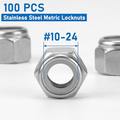 100 Pack 304 A2-70#10-24 Nylon Lock Nuts - color: Silver, size: #10-24