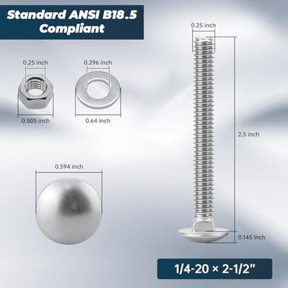 1/4-20 x 2-1/2 Inch Carriage Bolt Kit, 304 Stainless Steel (18-8) with Hex Nuts & Flat Washers - 16 Sets, Round Head Square Neck, Full Thread Coverage by Glvaner - size: 1/4-20 x 2-1/2"