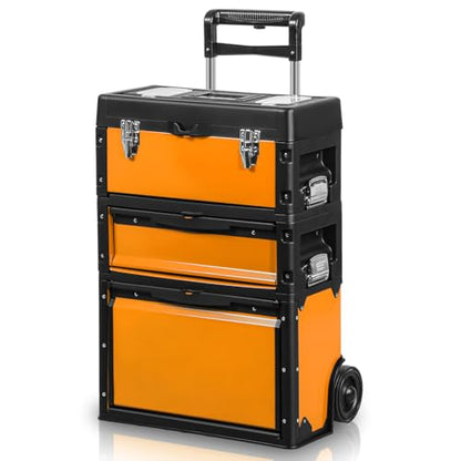 Auto Dynasty 3-Tier Rolling Trolley Tool Box Stackable w/Wheels, Orange - color: Orange