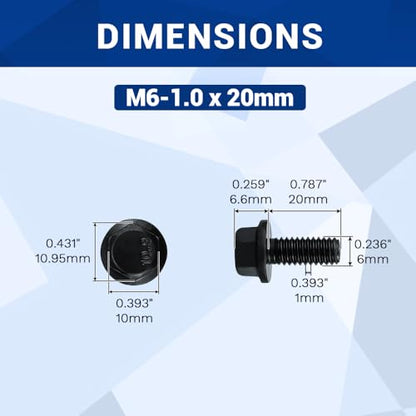 20-Sets M6-1.0 x 20mm Grade 10.9 Flange Hex Bolts + Flange Nut + Flat Washer + Lock Washer Combo Pack, Black Oxide, for Automotive & Machinery - size: M6-1.0 x 20mm