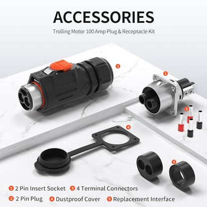 RVMARINEPAT 100 Amp Trolling Motor Plug and Receptacle Set - 6 to 4 AWG Wire Circular Connector - Fast Locking 2 Pin 12V-48V Power Connector - Waterproof for Marine Boat