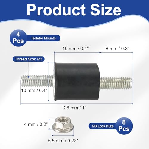 PATIKIL M3 10x10mm Rubber Isolator Mounts, 4 Pcs Rubber Studs Shock Absorber Anti-Vibration Isolation Damping Mounts with Lock Nuts for Motor, Air Compressor, Engines (26mm Height) - size: M3-10x10x26mm