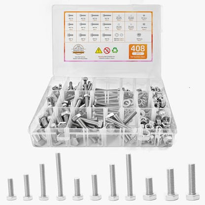 304 Stainless Steel (A2-70) Metric Bolt & Nut Assortment Kit - 408pcs M5/M6/M8 Hex Bolts, Nuts & Washers Set - Fully Threaded 18-8 Stainless Steel Hardware Kit - size: 408 pieces M5/M6/M8