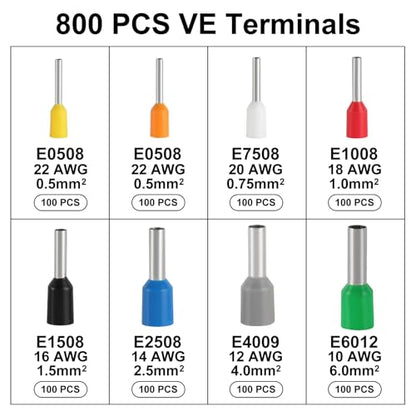 Ferrule Crimping Tool Kit, Crimper Plier with 800PCS Wire Ferrules Kit Wire End Terminals, Self-adjustable Ratchet Tool Set for AWG 23-7 Cable connectors, 0.25-10mm² (HSC8 6-4A + 800) - color: Hsc8 6-4a + 800