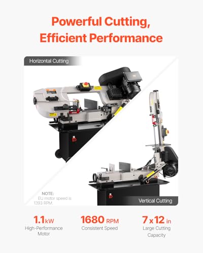 VEVOR Metal Horizontal Band Saw, 7 x 12 in Rectangular Cutting Capacity, 110/220V Vertical Cutting Bandsaw with 1.1 kW Motor, 0-45° Angle Adjustment, Variable Speed, for Metal, Wood, and Plastic