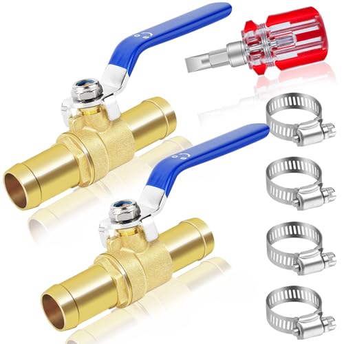 3/4'' Heater Hose Shut Off Ball Valves, 2Pcs Brass Barb Shut Off Ball Valves, 3/4'' PEX Shut Off Valves for Heater Hose, with 4Pcs Stainless Steel Clamps, Use for Water, Oil, Gas, Fuel line Fittings - size: 3/4 inch