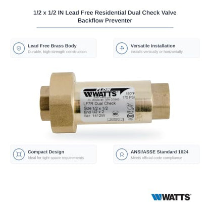 Watts Lead-Free Brass Dual Check Valve Backflow Preventer 1/2" x 1/2" - size: 1/2" x 1/2"