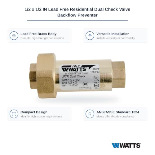 Watts Lead-Free Brass Dual Check Valve Backflow Preventer 1/2" x 1/2" - size: 1/2" x 1/2"