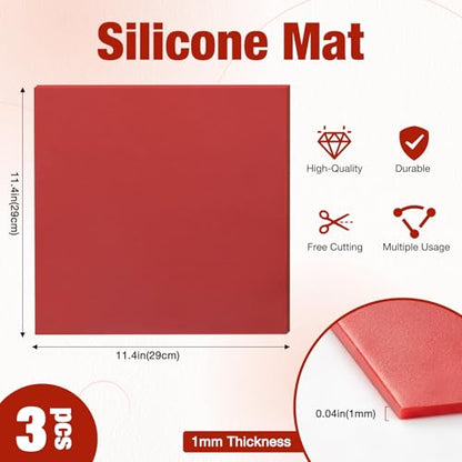 3 Pack Silicone Rubber Sheeting, 11.5" x 11.5" x 1/24" Thick, Flexible Heat Resistant Silicone Gasket Sheet, 60A Durometer for Seals, Pads, Insulation, DIY Craft Projects - color: Red