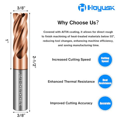 3/8" Carbide End Mills - 4 Flute Square End Mill with AlTiN Coating, HRC 55 Deg, 4T Tungsten Milling Bits for Stainless Steel, Hardened Steel, Cast Iron, Copper, Alloys & More - size: 3/8 in