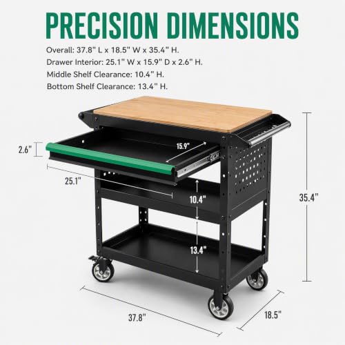 StrideoooTrek Rolling Utility Cart with Wooden Top, 3-Tier Mobile Workshop Table, Heavy-Duty Wheels,330LB Load Capacity Organizer Cabinet for Garage, Warehouse, Repair Shop