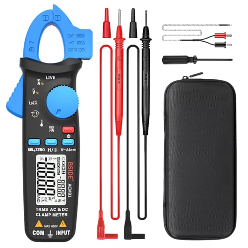 BSIDE DC Amp Clamp Meter 1mA Current True RMS Auto-Ranging 6000 Counts Digital Ammeter Hz Temperature Capacitance Live Check V-Alert Low Impedance Voltage Tester with Back Clip - color: Blue