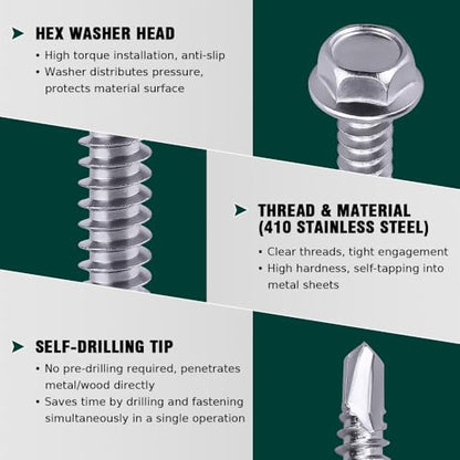 #12 x 4 (25 pcs) Hex Washer Head Self Drilling Screws, 410 Stainless Steel Metal Sheet Tek Screws, Self Tapping Point, No Pre-drilled Hole Needs - size: #12 x 4"