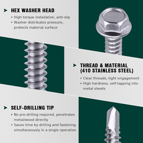 #12 x 5 (25 pcs) Hex Washer Head Self Drilling Screws, 410 Stainless Steel Metal Sheet Tek Screws, Self Tapping Point, No Pre-drilled Hole Needs - size: #12 x 5"