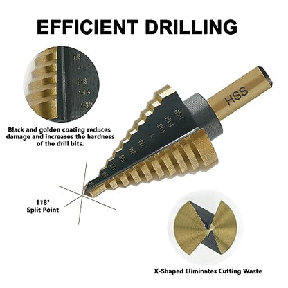 GMTOOLS Step Drill Bit Set - Black and Gold, 6 Pcs High Speed Steel Unibit Drill Bits, Stepped Up Bits & Automatic Center Punch, DIY Lovers with Aluminum Case, Total 50 Sizes for Metal - style: Black and Gold