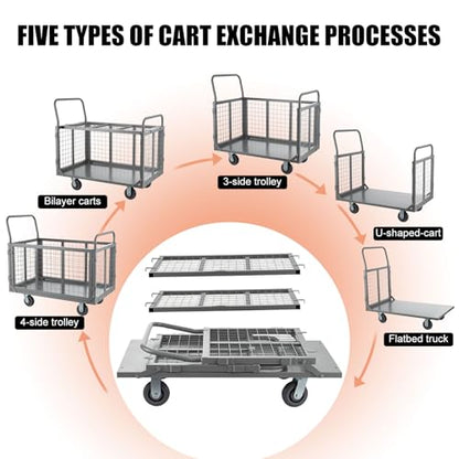 SmarketBuy Platform Truck Cart with Cage, 5 in 1 Heavy Duty Platform Carts with Cage 2000 LBS Capacity Foldable Push Cart Dolly with 5" Casters for Groceries/Garage/Warehouse