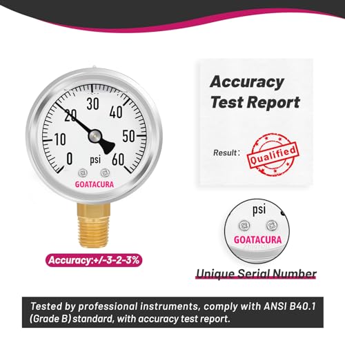 0-60psi Glycerin Filled Pressure Gauge, 2" Dial Size, 304 Stainless Steel Case, 1/4" NPT Lower Mount, with High Accuracy, for Measuring Water Air Hydraulic Pressure - size: 0-60psi, style: BRASS