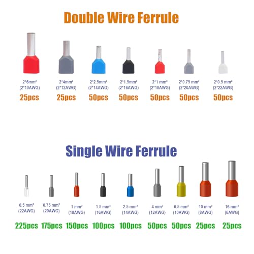 1200pcs Single and Dual Ferrules Terminal Set, AWG 6~22 Single-Line Barrel Ferrules and AWG10~22 Double Wire Ferrule Kit are Widely Applied in Electric, Electronic Industry, Equipment, Industrial,etc - size: 1200pcs + Single & Dual Ferrules
