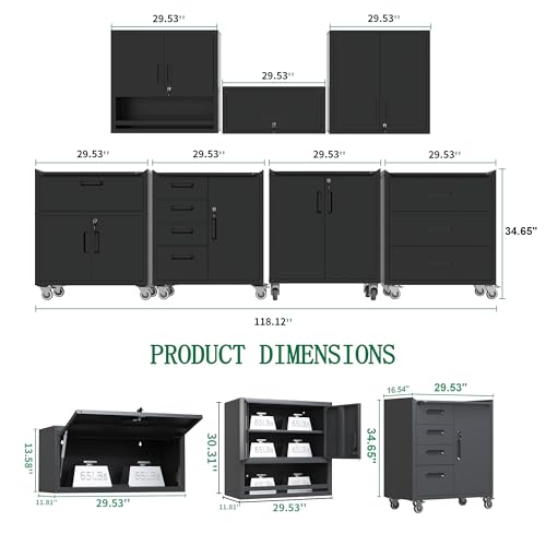 Metal Garage Storage Cabinets System, 7-Pcs Workshop Tool Cabinet Set,Black - color: Black, style: 7 pcs set-Black