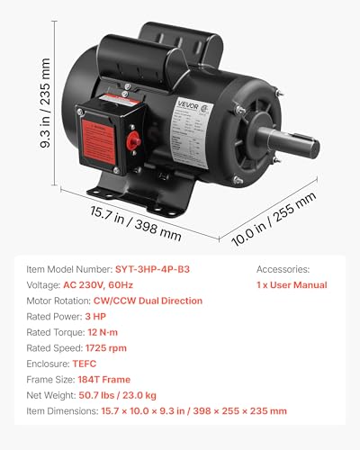 VEVOR 3 HP Electric Motor, 1750RPM Air Compressor Motor, CW/CCW Rotation, 1.125 inch Shaft Diameter, 2.75inch Shaft Length, 12N.m Torque, Single-Phase, TEFC Cooling, 230V, 184T Frame - size: 3P-2.75in Shaft Length