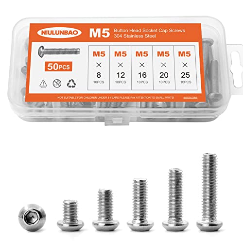 M5 x 8mm 12mm 16mm 20mm 25mm Button Head Socket Cap Screws Bolts 304 Stainless Steel Metric Machine Allen Hex Drive, Fully Threaded, Assortment Kit 50PCS - size: M5 x 8/12/16/20/25mm (50PCS)