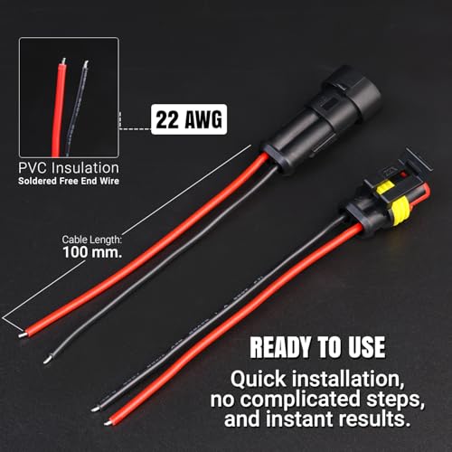 TMH 2 Pin Connector 22 AWG - 2 Wire 10 cm. Waterproof Connectors Automotive Electrical Connectors Male and Female 2 Way with Heat Shrink Tubing for Car Truck Boat (5 Sets) - size: 2 Pin - 5 Sets