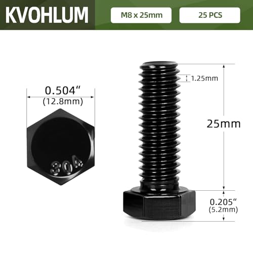 25 PCS M8 x 25mm Hex Head Screw Bolt, Stainless Hex Bolts, Full Thread, 18-8 Stainless Steel (304), Black Coating - size: M8 x 25mm