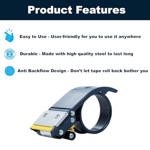 MDJ by Excell Heavy-Duty Metal 2 Inch Packaging Tape Dispenser with Safety Blade Cover, Anti-Backflow Design, for Commercial Packaging, Shipping, Moving, Carton and Box Sealing