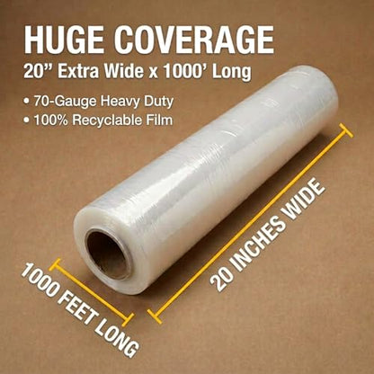 BOX USA Stretch Wrap Extra Wide Stretch Film Roll (200 Rolls) - 20 in Wide & 1000 ft long Clear Plastic Wrap with Handles for Pallet Wrapping Shipping Moving - size: 20" X 1000' (200 Rolls)
