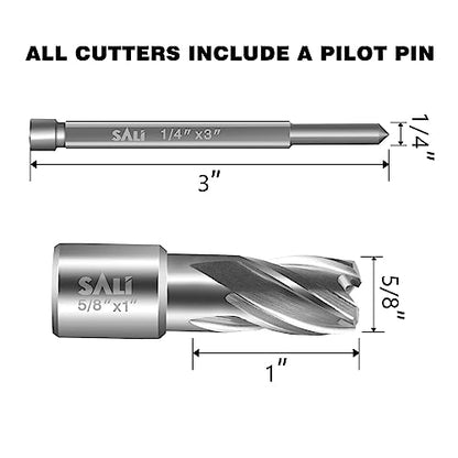 SALI 2 pcs Annular Cutter Diameter 5/8 Inch with Weldon Shank 3/4"(with 2 Flats) Cutting Depth 1" Mag Drill Bit for Magnetic Drill Press HSS Fully Ground Drill with One 1/4"*3" Pilot Pin - size: 5/8"*1"
