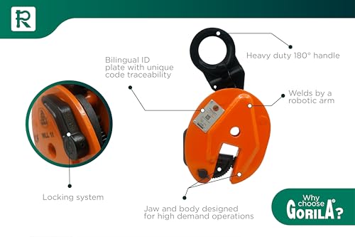 GORILA Vertical plate clamp articulated | 2200lbs/1 ton |Jaw opening 0.8 inch/20mm | Industrial and heavy duty steel plate clamp for lifting and transporting | Safety factor 4:1 | Since 1989 - size: 1t /2200lbs