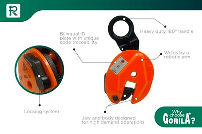 GORILA Vertical plate clamp articulated | 2200lbs/1 ton |Jaw opening 0.8 inch/20mm | Industrial and heavy duty steel plate clamp for lifting and transporting | Safety factor 4:1 | Since 1989 - size: 1t /2200lbs