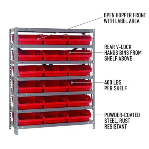 Quantum Storage Systems 1239-109RD Steel Shelving Unit with 4" Shelf Bins, 12" D x 36" W x 39" H, Red - size: 39" H x 36" W x 12" D, style: 12" L x 12" W x 4" H 18 Economy Red Bins