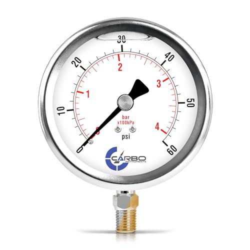 60 PSI Glycerin Liquid Filled Pressure Gauge, 4" Dial, 1/4 NPT Lower Mount, 304 Stainless Steel Case, Brass Wetted Parts, Dual Scale PSI/Bar - ASME B40.1 Grade A - size: 0-60 Psi, style: STANDARD