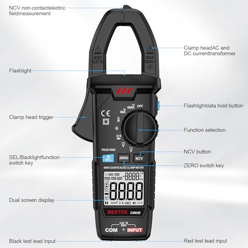 MESTEK Digital Clamp Meter Multimeter, TRMS 6000 Counts 600A Current Amp Volt Meter, Auto-Ranging Voltage Tester Measures AC DC Current Voltage Resistance Capacitance Temperature Diodes Continuity NCV
