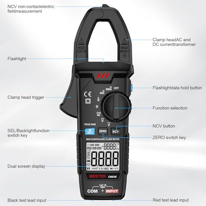 MESTEK Digital Clamp Meter Multimeter, TRMS 6000 Counts 600A Current Amp Volt Meter, Auto-Ranging Voltage Tester Measures AC DC Current Voltage Resistance Capacitance Temperature Diodes Continuity NCV