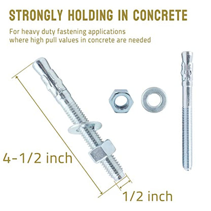 1/2 Concrete Anchors, Zinc-Plated Steel Wedge Anchors, 20 Pack - size: 1/2" x 4-1/2"