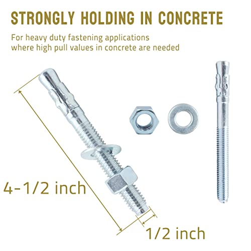 1/2 Concrete Anchors, Zinc-Plated Steel Wedge Anchors, 20 Pack - size: 1/2" x 4-1/2"