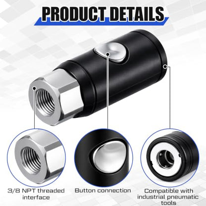 4 Pack 3/8" Npt Industrial Air Coupler Set, High Flow Safety Quick Connect Fittings, 3/8" Female Npt Thread, Push Button Release for Medical, Automation Equipment, Construction - size: 3/8 Inch