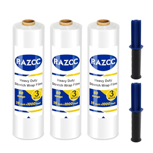 Stretch Film, RAZCC Stretch Wrap Industrial Strength, Shrink Wrap for Pallet Wrap, Heavy Duty Clear Plastic Wrap with Handles, Moving Wrapping Plastic Roll, 15" x 1000 Ft Per Roll, 60 Gauge, 3 Pack - size: 3 Rolls