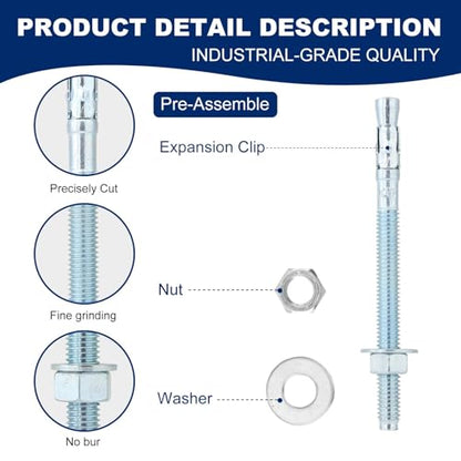 1/2"x5"Wedge Anchors by Zinced of Heavy-Duty Fastener for Cement and Concrete (8pcs Pack) - size: 1/2"x 5"